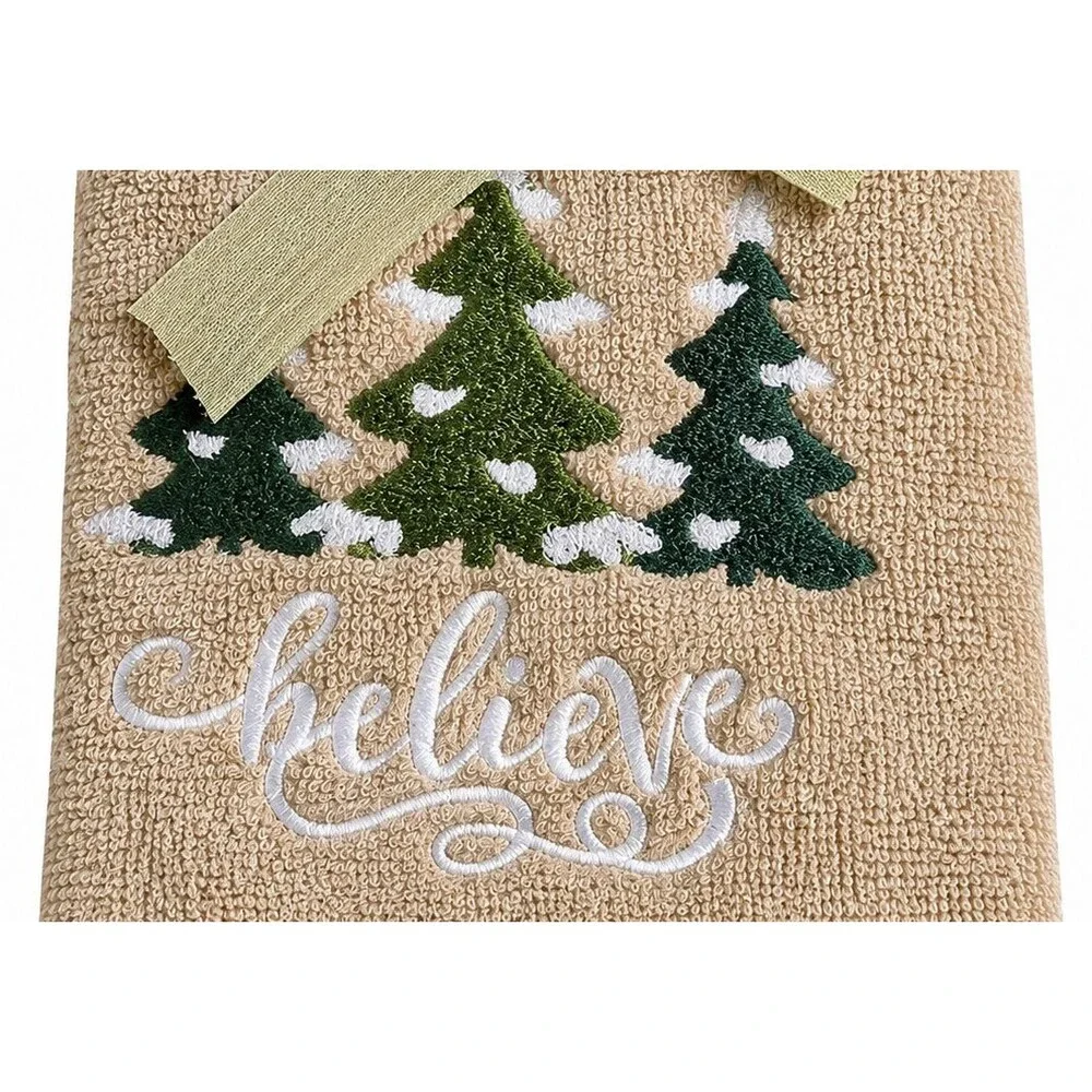 Christmas Tree Hand Towels Set of 2 Believe Embroidered Bathroom Holiday Beige